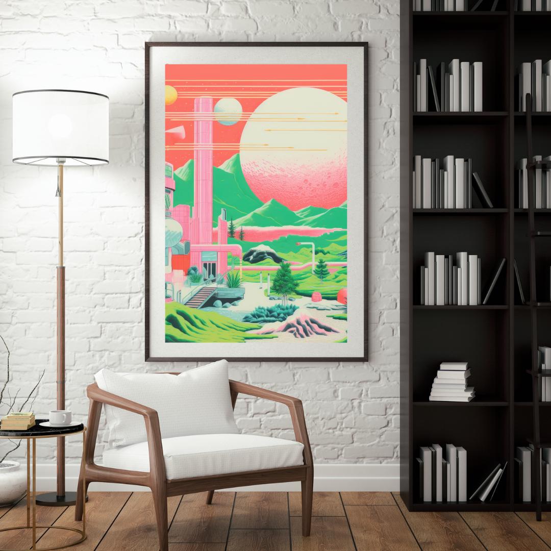 Retro Futuristic Landscape Art – Vibrant Sci-Fi Poster with Neon Planets and Cosmic Architecture - Social Canvas