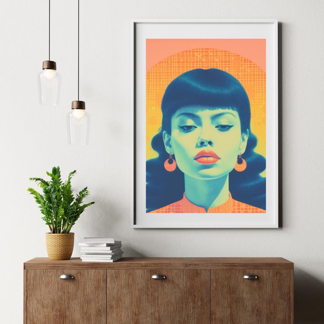 Retro-Inspired Pop Art Portrait - Bold Yellow and Blue Female Illustration - Modern Wall Decor - Social Canvas