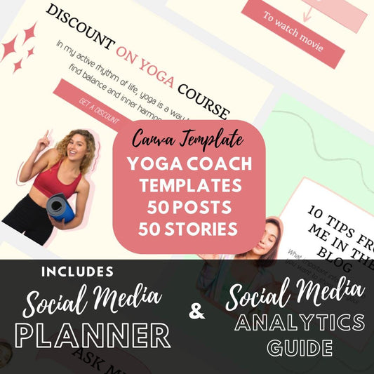 Yoga Coach Canva Templates with Social Media Planner & Analytics Guide | 50 Instagram Posts and Stories | Wellness Marketing Kit - Social Canvas