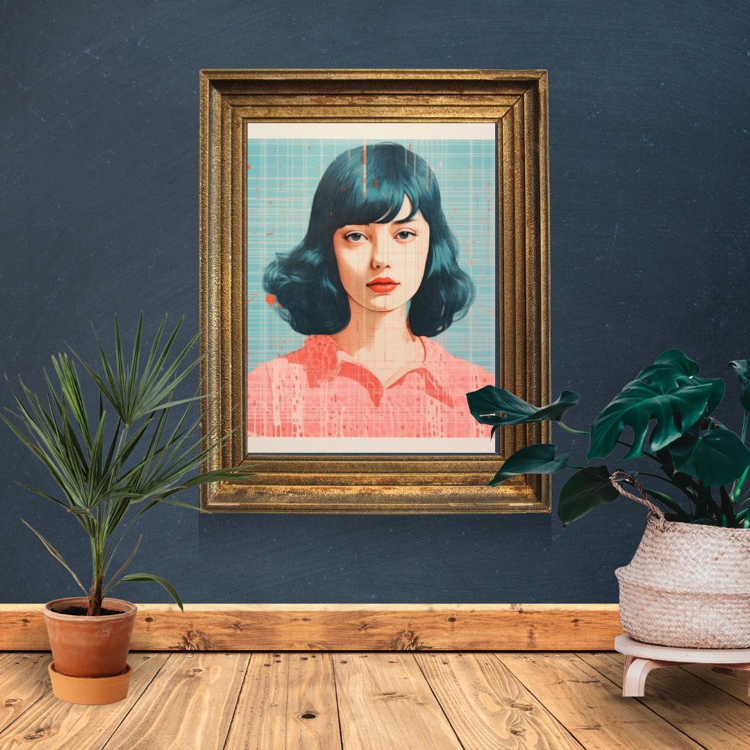 Retro Futuristic Female Portrait - Blue and Coral Abstract Art Print - Contemporary Wall Decor - Social Canvas
