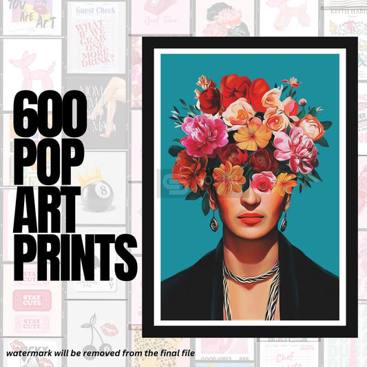 Frida Kahlo Inspired Floral Crown Portrait - Pop Art Masterpiece | Art Print Vibrant Pop Art Style | 600 Pop Art Prints Bundle - Social Canvas