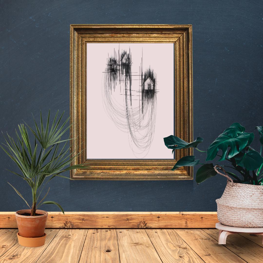 Minimalist Abstract Line Art | Black and Pink Modern Wall Art | Contemporary House Sketch Design for Home or Office Decor - Social Canvas