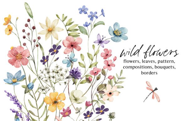 Wildflower & Butterfly Clipart Set with Dragonflies (MRR)