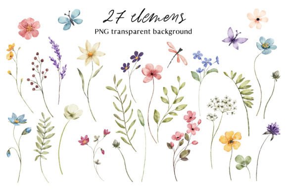 Wildflower & Butterfly Clipart Set with Dragonflies (MRR)