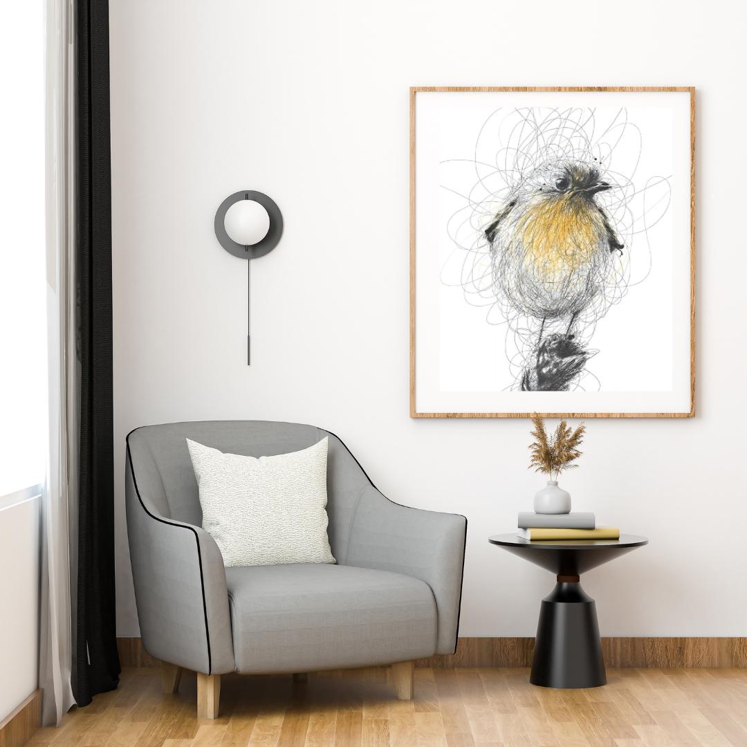 Whimsical Scribble Robin Artwork | Yellow and Black Bird Illustration | Minimalist Nature-Inspired Wall Art for Home Decor - Social Canvas