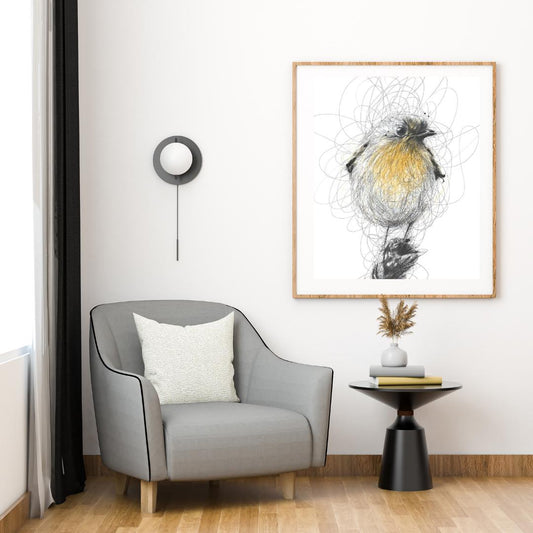 Whimsical Scribble Robin Artwork | Yellow and Black Bird Illustration | Minimalist Nature-Inspired Wall Art for Home Decor - Social Canvas