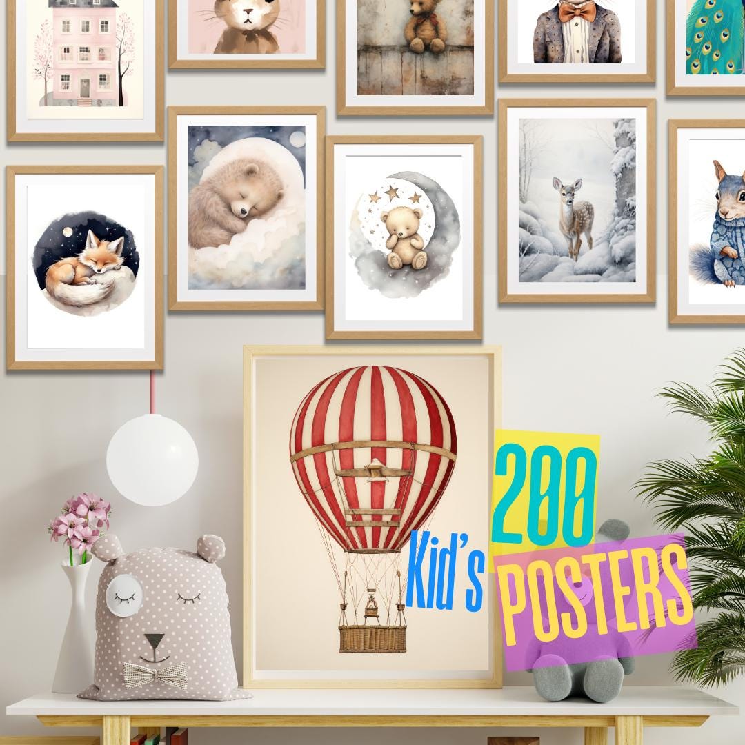 200 Adorable Kids Wall Art Prints – Whimsical Animal & Fantasy Posters for Nursery and Playroom Decor | Cute and Magical Artwork Set - Social Canvas
